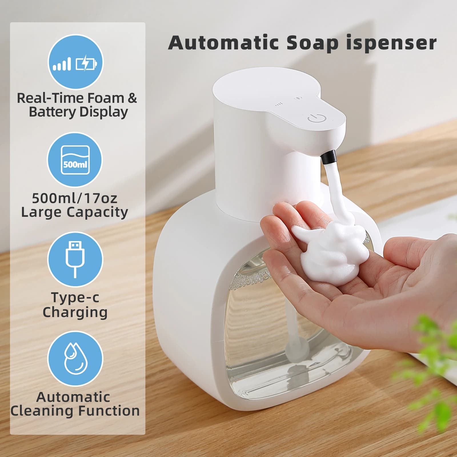 Distributeur automatique de savon mural en mousse, Machine à laver les mains intelligente, liquide Rechargeable de 500ml, capteur d'induction pour