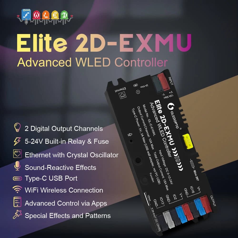 Contrôleur de bande LED GLEDOPTO Elite ESP32 WLED avec Ethernet, synchronisation musicale, relais, fusible 20A pour WS2812B WS2815 SK6812 RGB IC