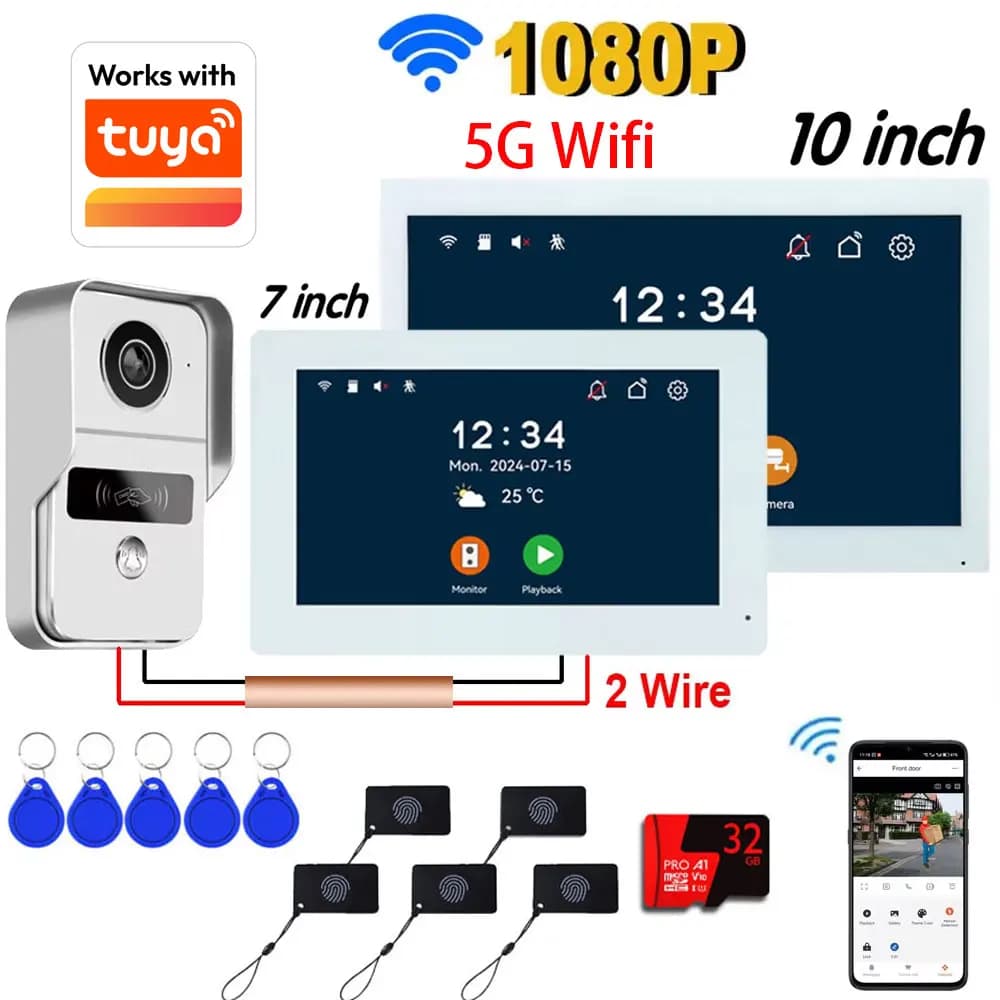 Système d'interphone vidéo Wifi à 2 fils, 7/10 pouces, pour porte de maison, application TUYA Smart Life, moniteur tactile 1080P
