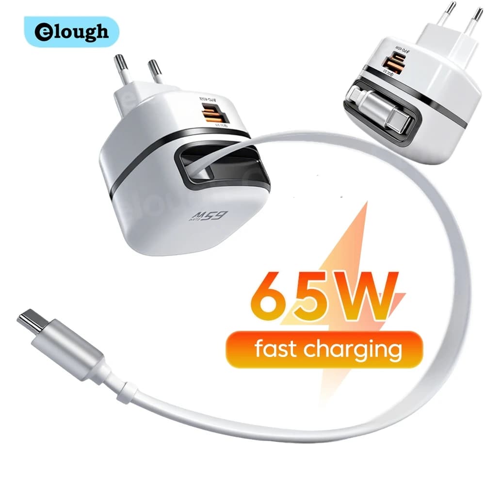 Elough 65W USB Type C chargeur de téléphone universel adaptateur de voyage rétractable charge rapide câble USB C pour iPhone 16 Samsung ordinateur