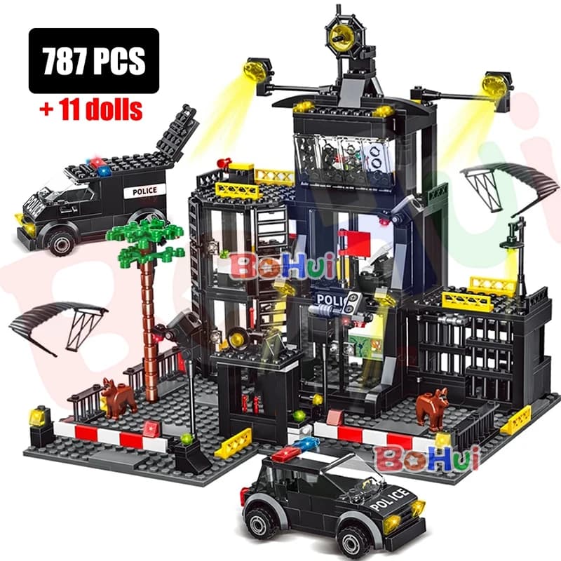 SWAT – ensemble de modèles de ville militaire, poste de Police, voiture de Prison, figurines de bateau de policier, blocs de construction, jouet de
