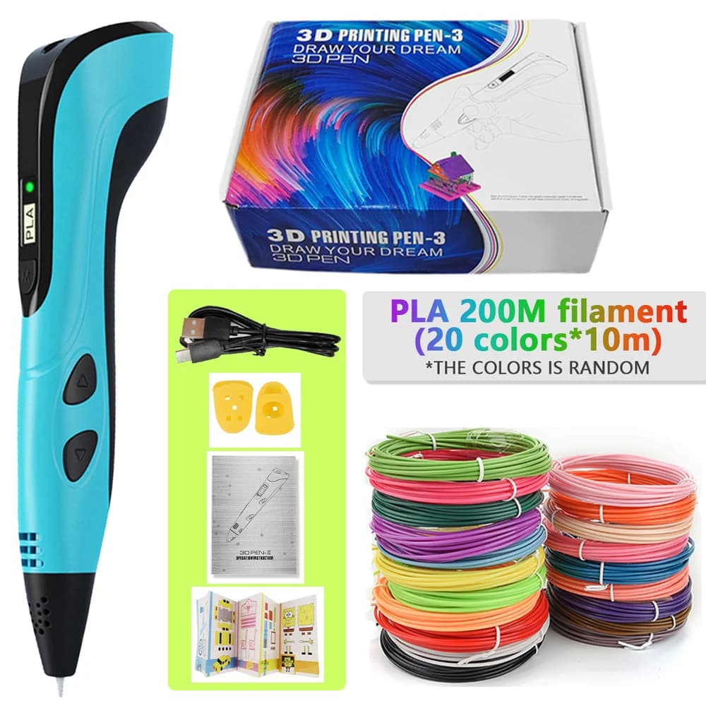 Stylo 3D aste de type C pour enfants, jouet créatif, impression 3D bricolage, ensemble de stylos 3D, filament PLA de 200m, cadeau pour enfants