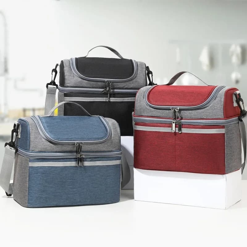 Sac à déjeuner double couche, couleur unie, simple, isotherme, sac bandoulière, sac à main portable, boîte à lunch isotherme