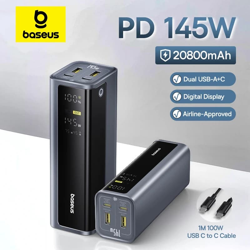 Baseus 145W batterie externe 20800mAh double USB A USB C PD 100W charge rapide affichage numérique Portable PowerBank pour ordinateur Portable