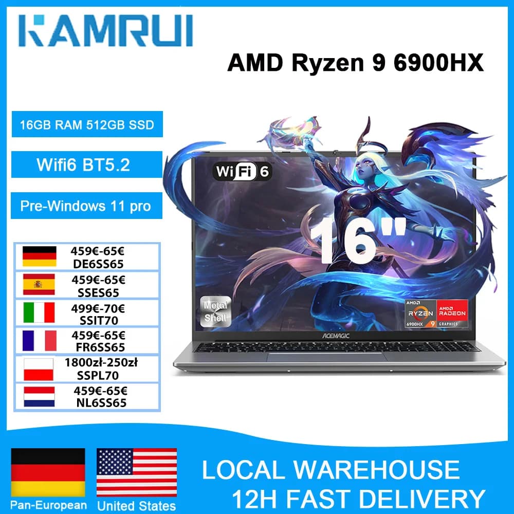 Ordinateur portable de jeu KAMRUI 16 pouces, Ryzen9 6900HX, 16 Go, 512 Go SSD PCIe3.0, 8 cœurs, Radeon 680M, WiFi6, Windows11 Pro, clavier