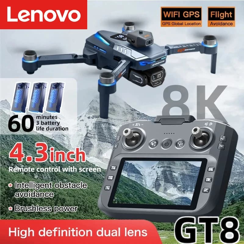 Drone Lenovo GT8 8K Professionnel avec Double Caméra GPS FPV, Moteur Brushless, Maintien d'Altitude par Flux Optique, Quadcopter Pliable 4K RC, Jouet