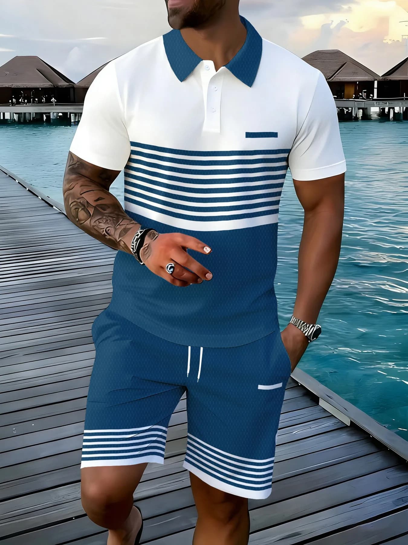 Ensemble de polos à manches courtes pour hommes, collection été 2026 - Tendance urbaine, doux et confortable, imprimé rayures 3D