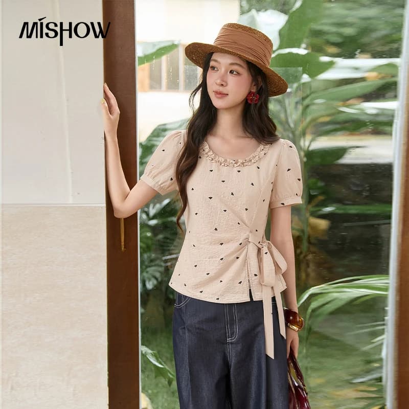 MISHOW Blouse en lin beige à pois cœurs, col carré à volants, manches courtes bouffantes, taille à nouer sur le côté, style décontracté,