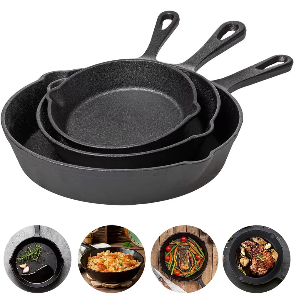 Poêle à frire en fonte noire non revêtue, 3 pièces, pour frire des aliments, cuisiner et sauter, poêles antiadhésives, poêle à Omelette