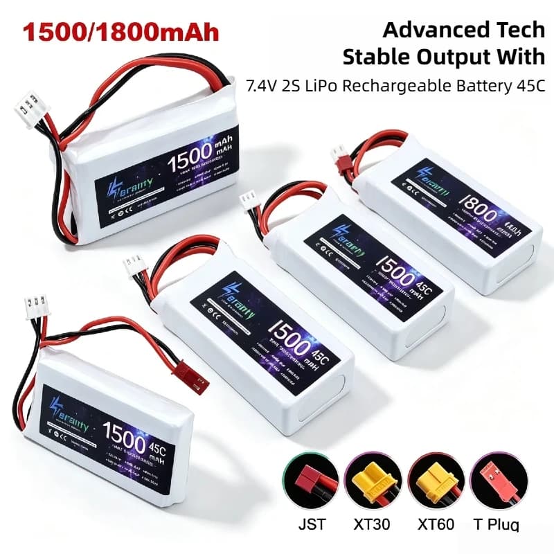 Batterie LiPo 2S 7.4V 45C 1500/1800mAh, prise T/JST/XT30/XT60 pour hélicoptère RC, voiture, bateau FPV et drone