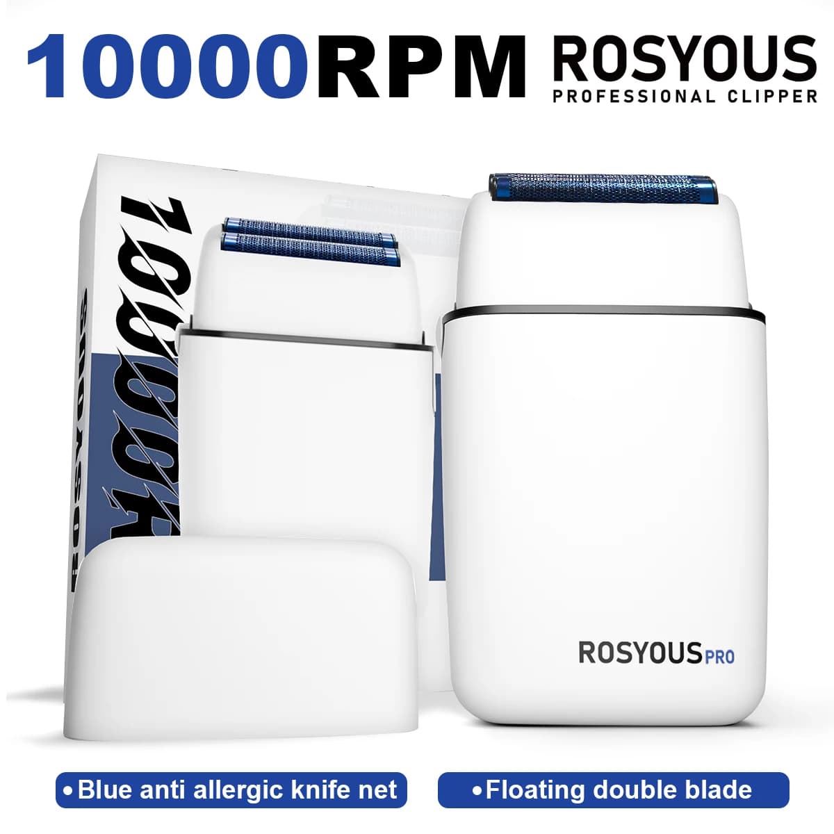ROSYOUS RS620 Machine à raser pour hommes 10000 tr/min Double feuille bleu couteau hypoallergénique Net tondeuse à barbe électrique salon de