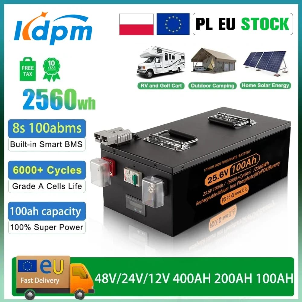 Batterie au Lithium LiFePO4 12V 24V 48v 100ah 200ah 280ah 400ah, 100a BMS 6000 + cyclique pour onduleur solaire RV, sans taxe
