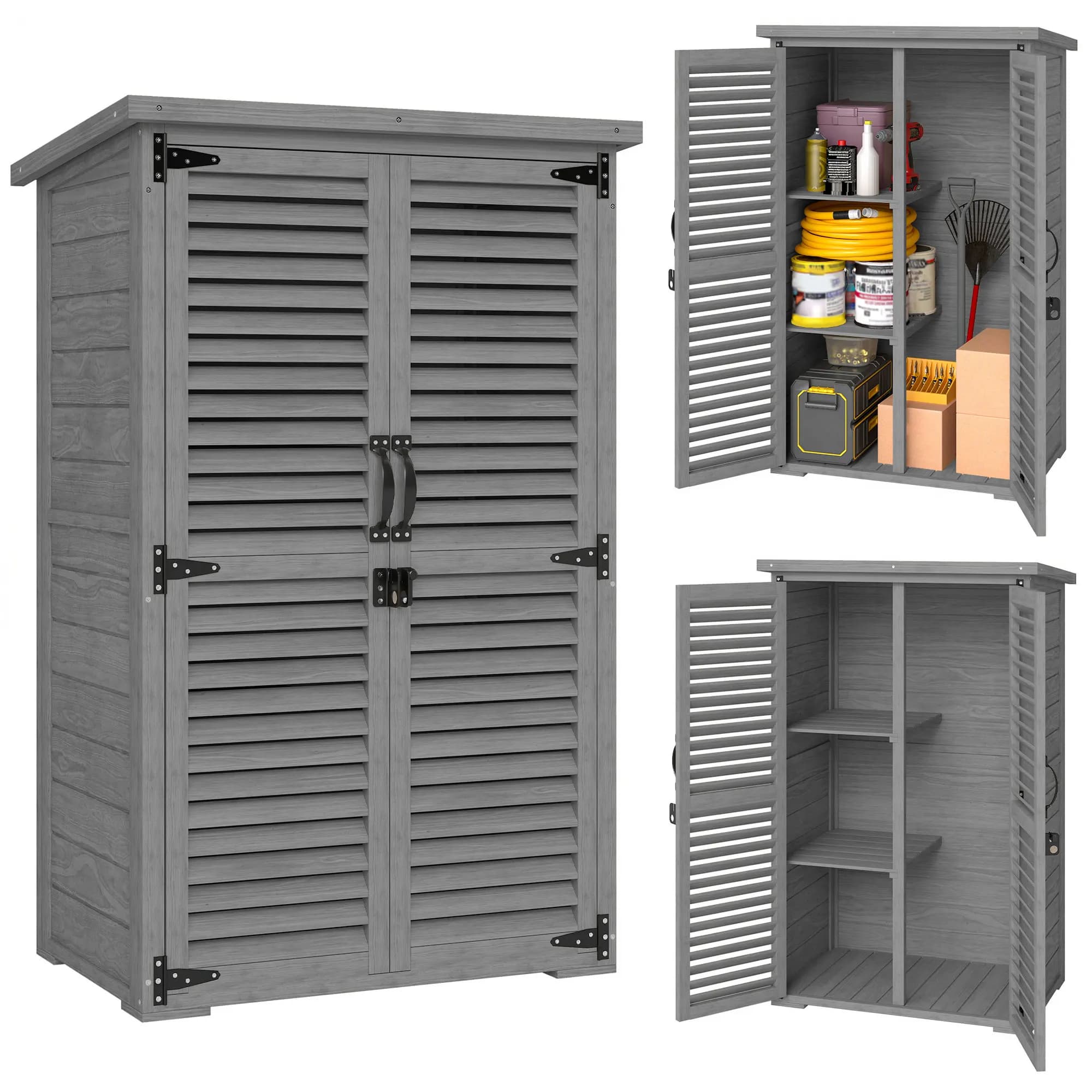 Outsunny Armoire de Jardin Remise Pour Outils en Bois 2 Étagères Toit Bitumé Portes Persiennes Verrouillable 75 x 50 x 118cm
