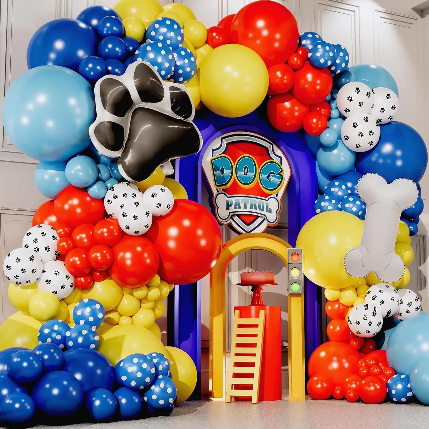 Kit d'arche de guirlande de ballons Patte de Chien et ballons bleus, jaunes et rouges pour décorations d'anniversaire sur le thème de la Patrouille,