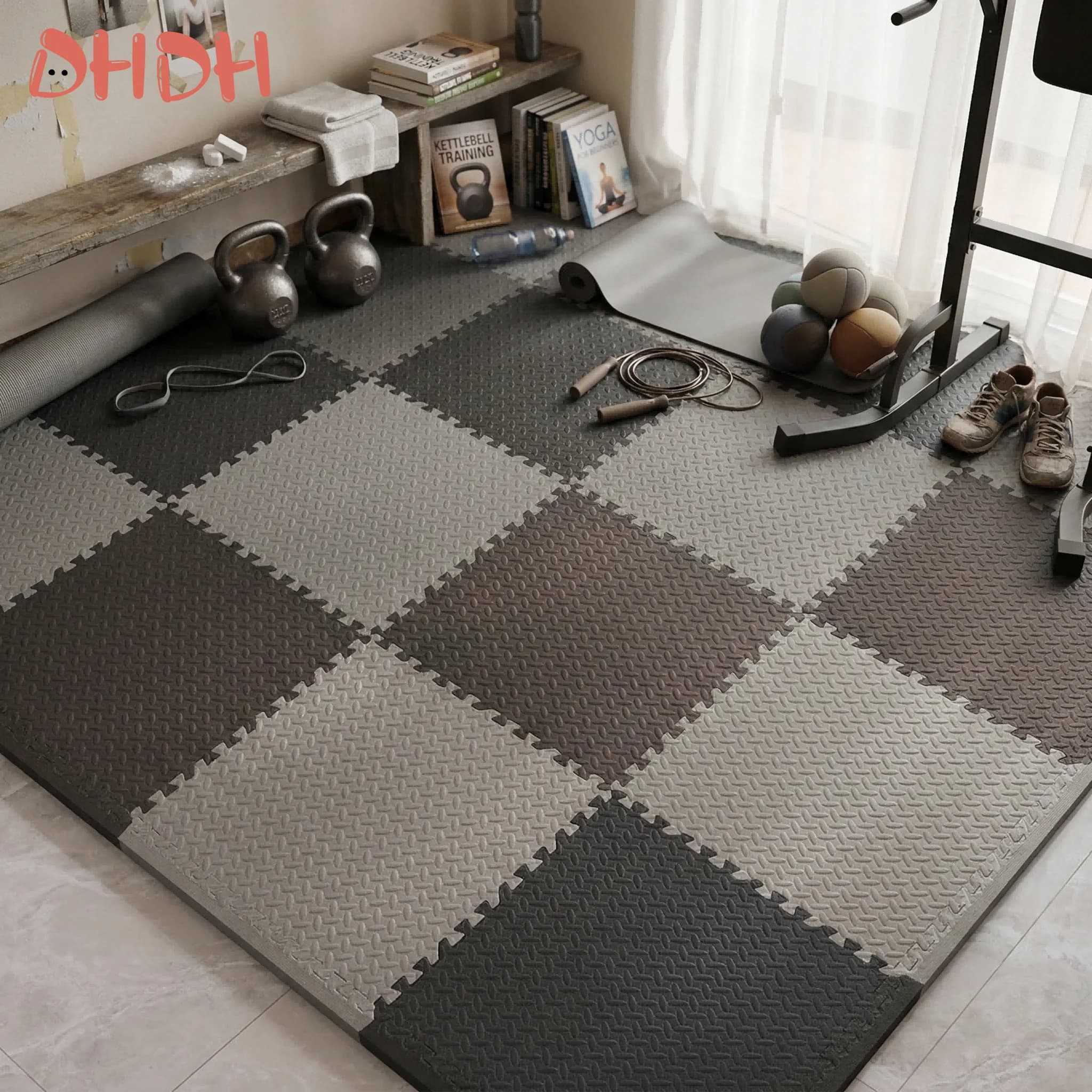 Tapis de sol de gym pour entraînement à domicile, tapis d'exercice antidérapant en caoutchouc avec design emboîtable, tapis de fitness durable