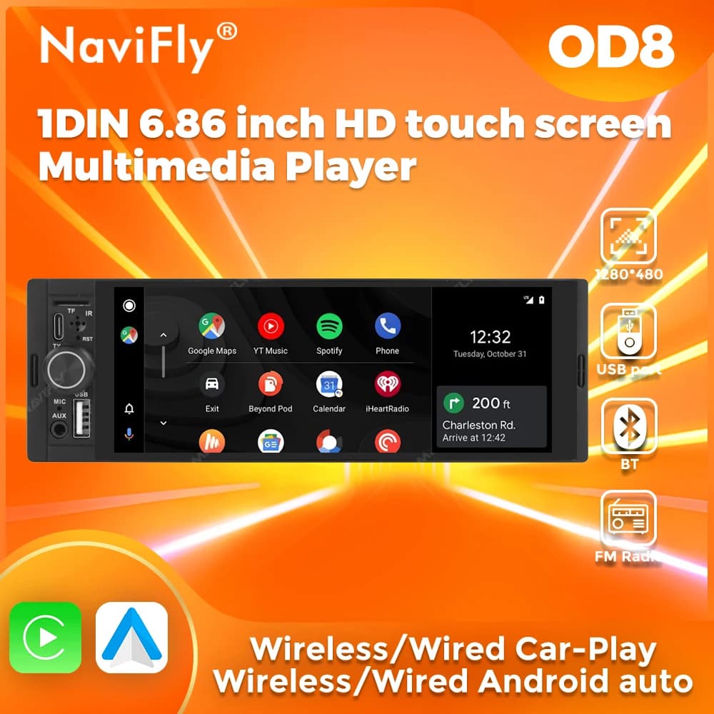 NaviFly 6.86 ''1Din autoradio lecteur multimédia MP5 FM Radio sans fil/filaire Carplay Android Auto autoradio 1 din 1280*480