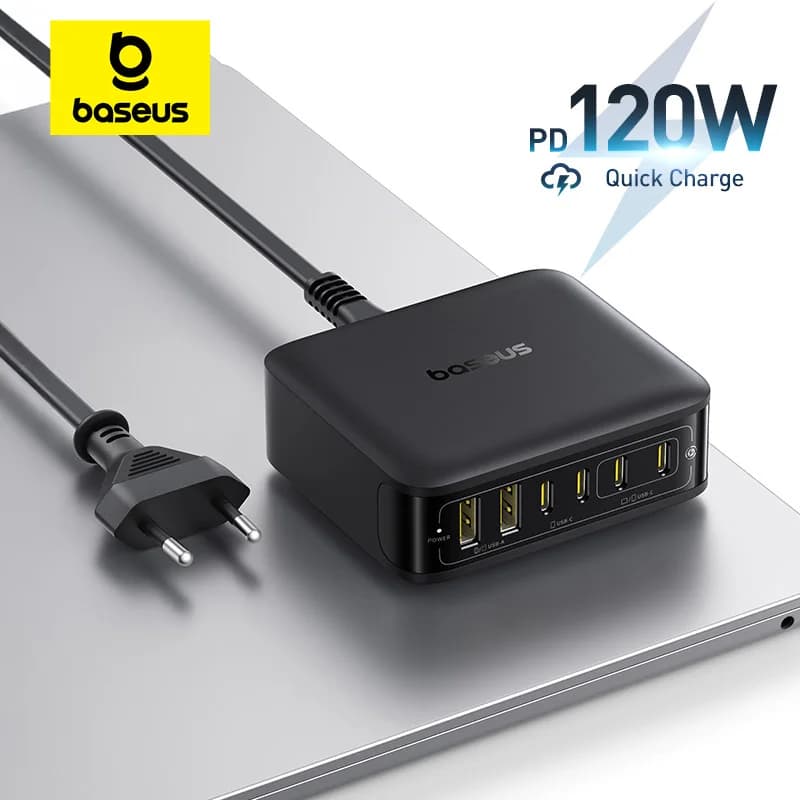Baseus 120W chargeur de bureau ordinateur portable chargeur rapide 6 en 1 chargeur pour iPhone 17 16 15 14 Pro Max Samsung iPad chargeur rapide GaN