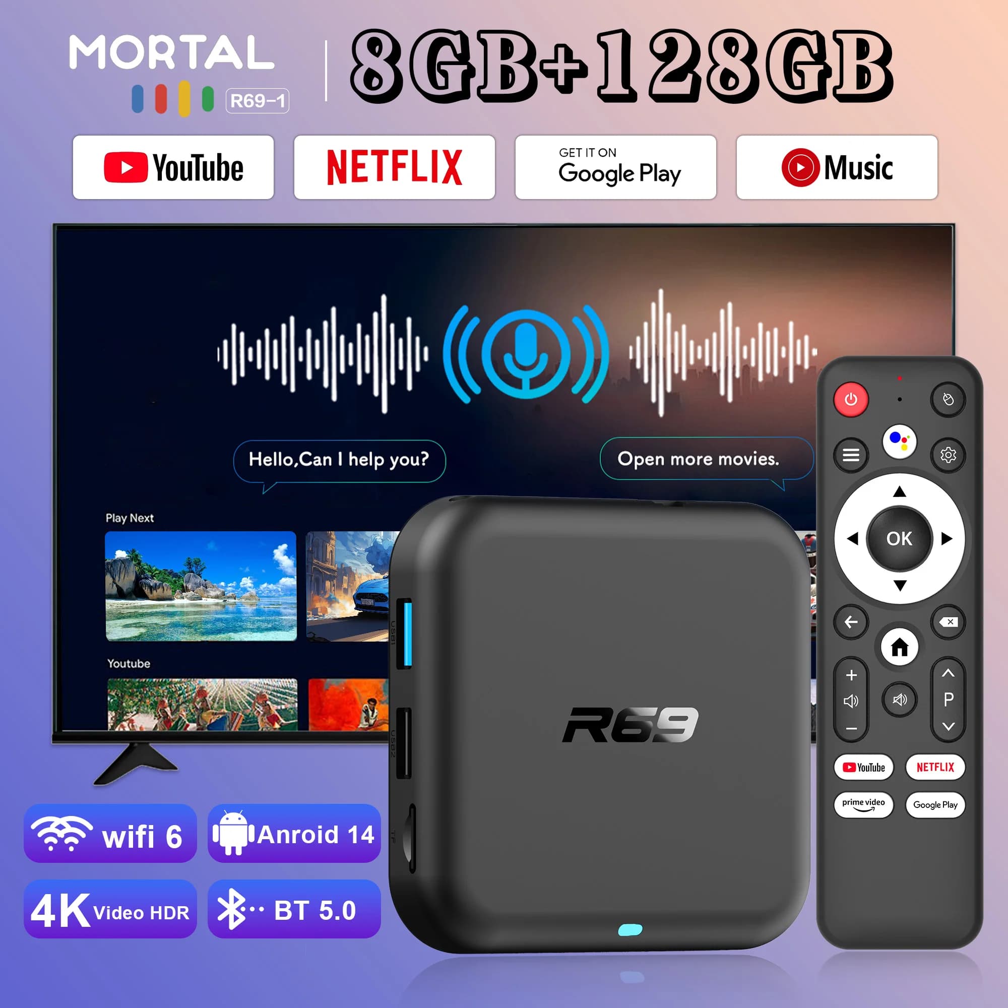 2025 nouveau boîtier TV mondial Android 14.0 R69-1 prise en charge 4K RK3518 Bluetooth 5.0 WIFI 6 RAM 8GB ROM 128GB boîte de télévision