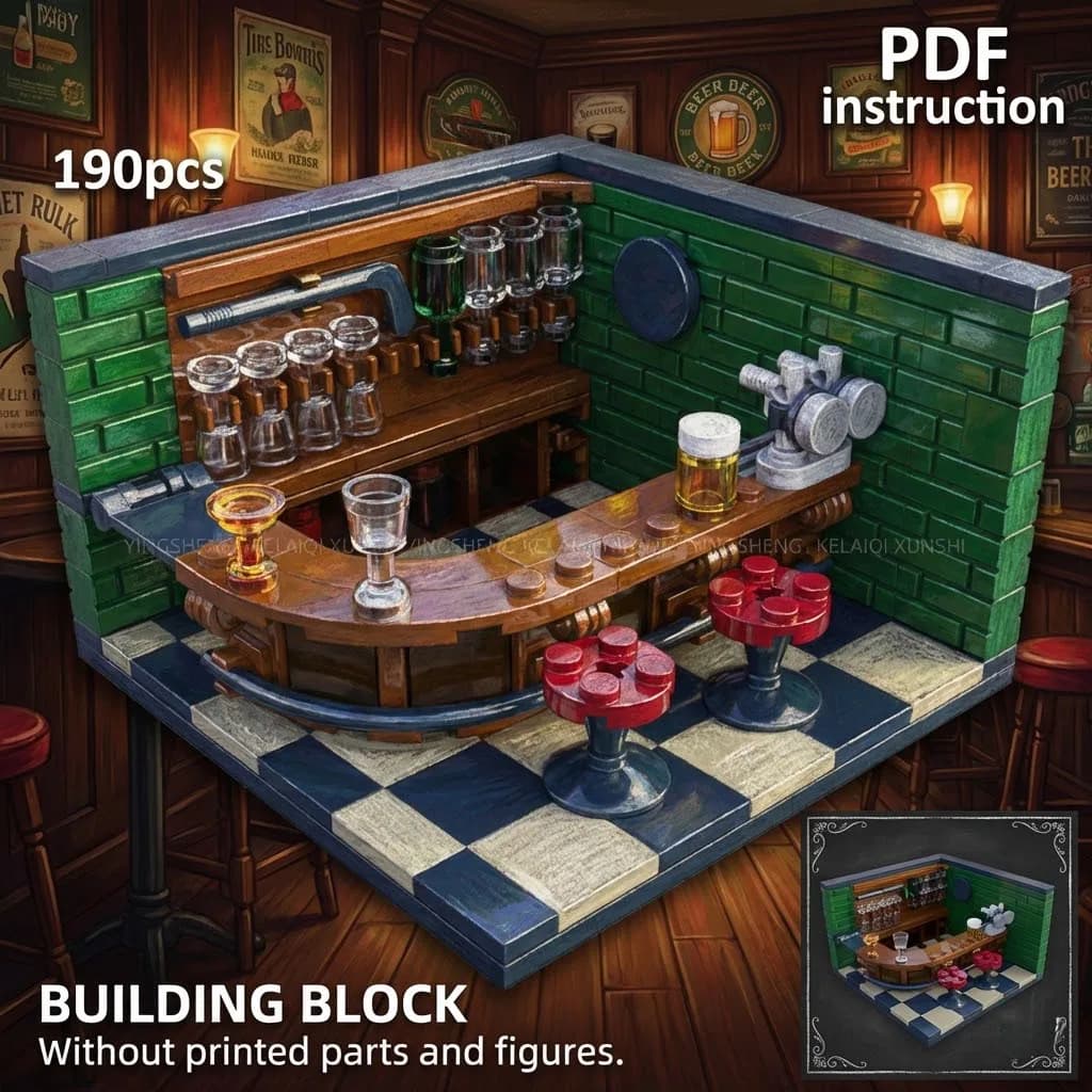 Modèle de blocs MOC d'intérieur de bar britannique avec comptoir incurvé, cible de fléchettes et scène de présentation de verres