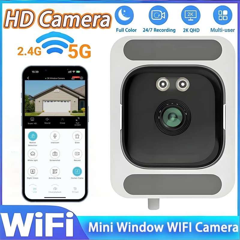 Caméra de fenêtre en remplacement des caméras extérieures, caméra WiFi 2,4/5 GHz, résolution 3MP, vision nocturne couleur, mini caméra à
