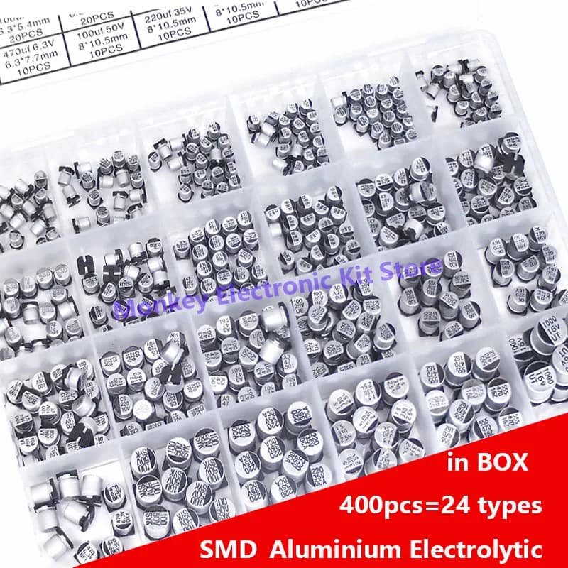 400 pièces kit condensateur aluminium électrolytique SMD condensateurs electrolíticos 1uF ~ 1000uF 6.3V-50V 24 valeur avec boîte kit de