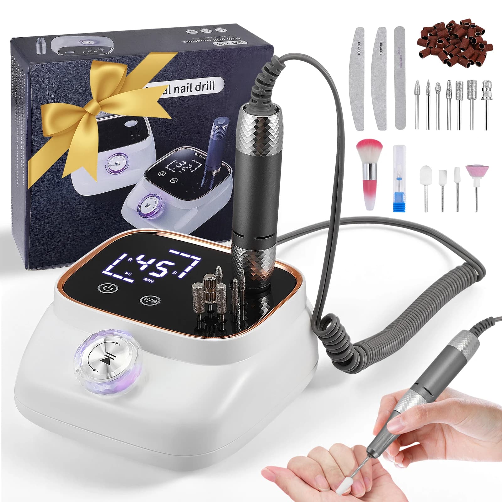 Ponceuse à ongles électrique professionnelle 45000 tr/min pour manucure/pédicure avec 11 embouts pour enlever le vernis et le gel, écran LCD,