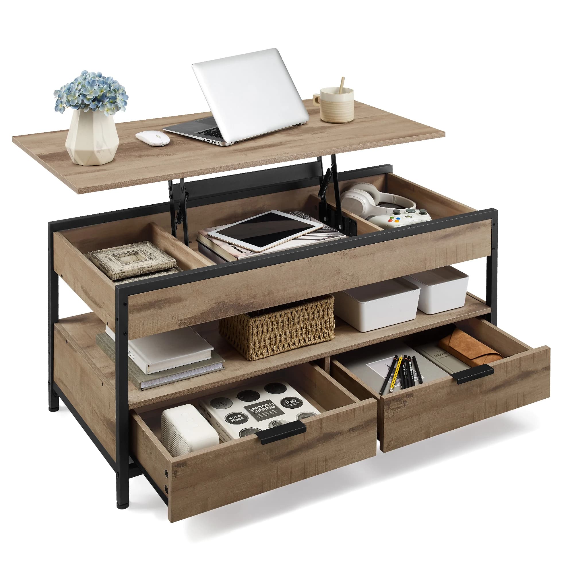 Table basse VASAGLE, table de salon réglable en hauteur, table basse, avec tiroirs, compartiment ouvert, 50x100 x (48-63)cm