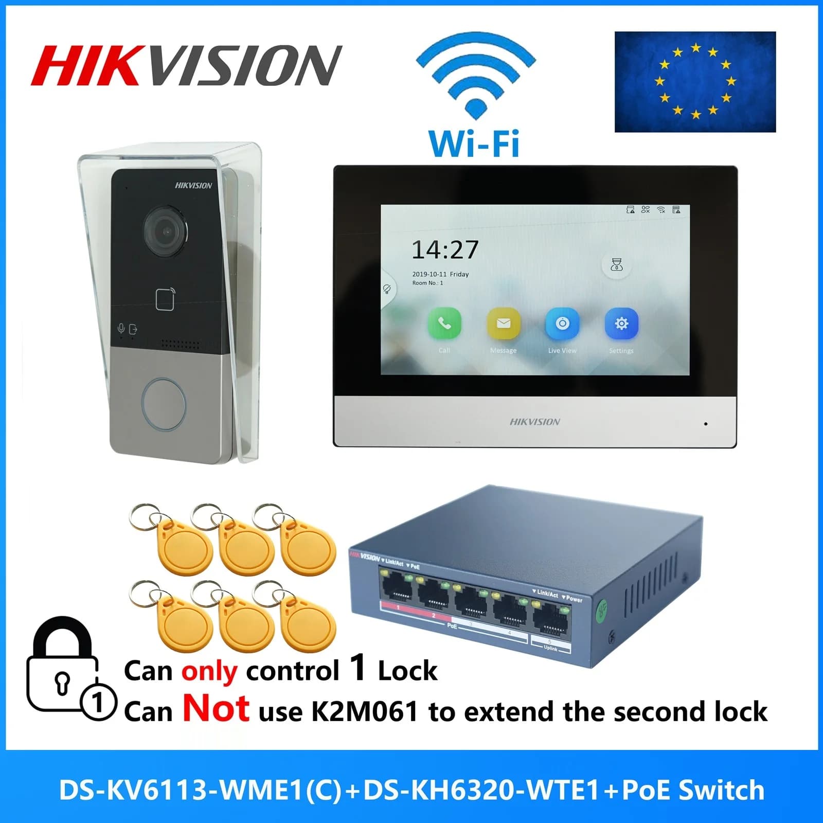 HIKVISION DS-KIS603-P (C) Stérilisation multilingue 3PG POE Peugeot d'interphone vidéo, comprend DS-KV6113-WPE1(C) et DS-KH6320-WTE1 et interrupteur