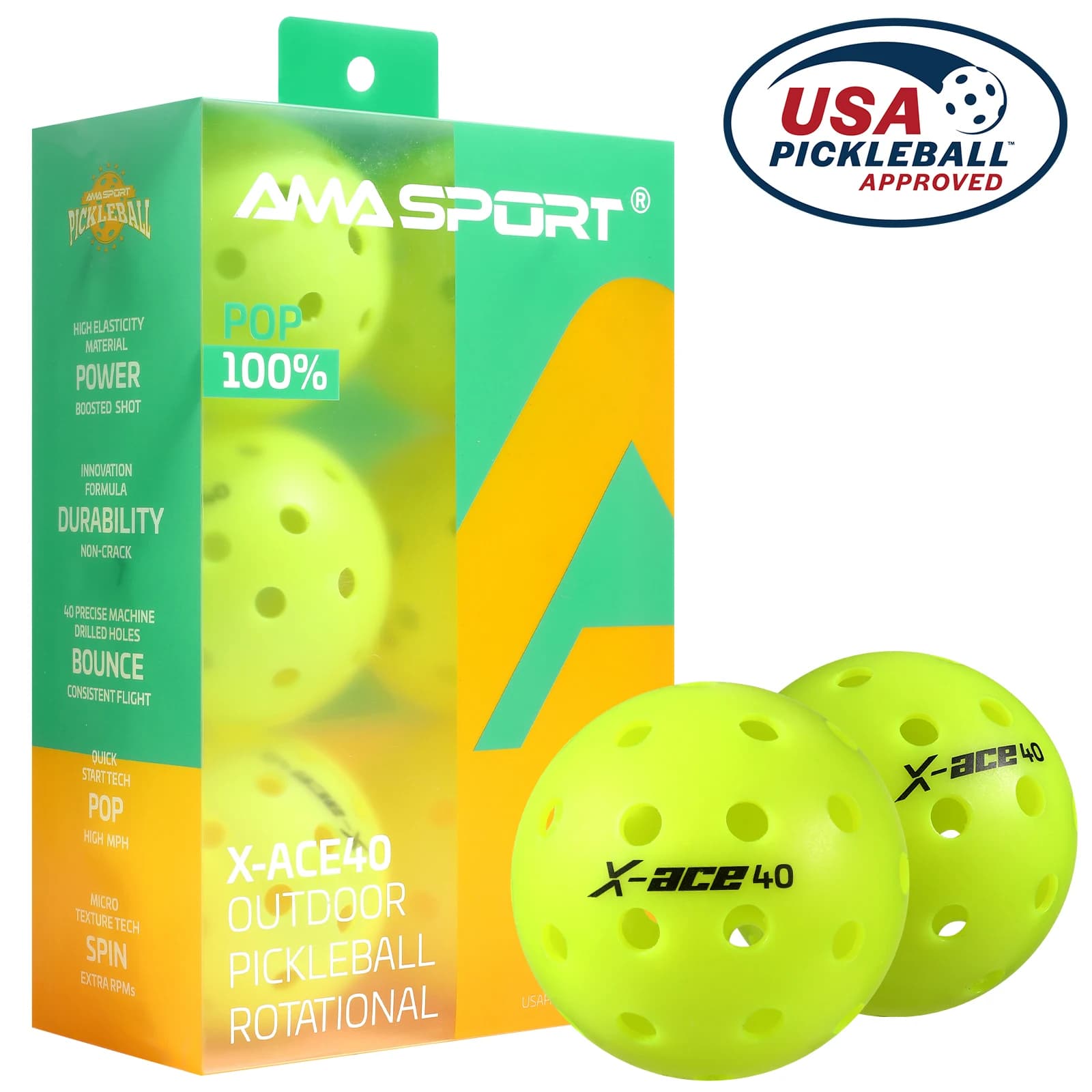 AMA Sport X-ACE Pickleballs 40 trous durables balles de Pickleball extérieures résistantes aux fissures une pièce balles 100% POP-optique jaune