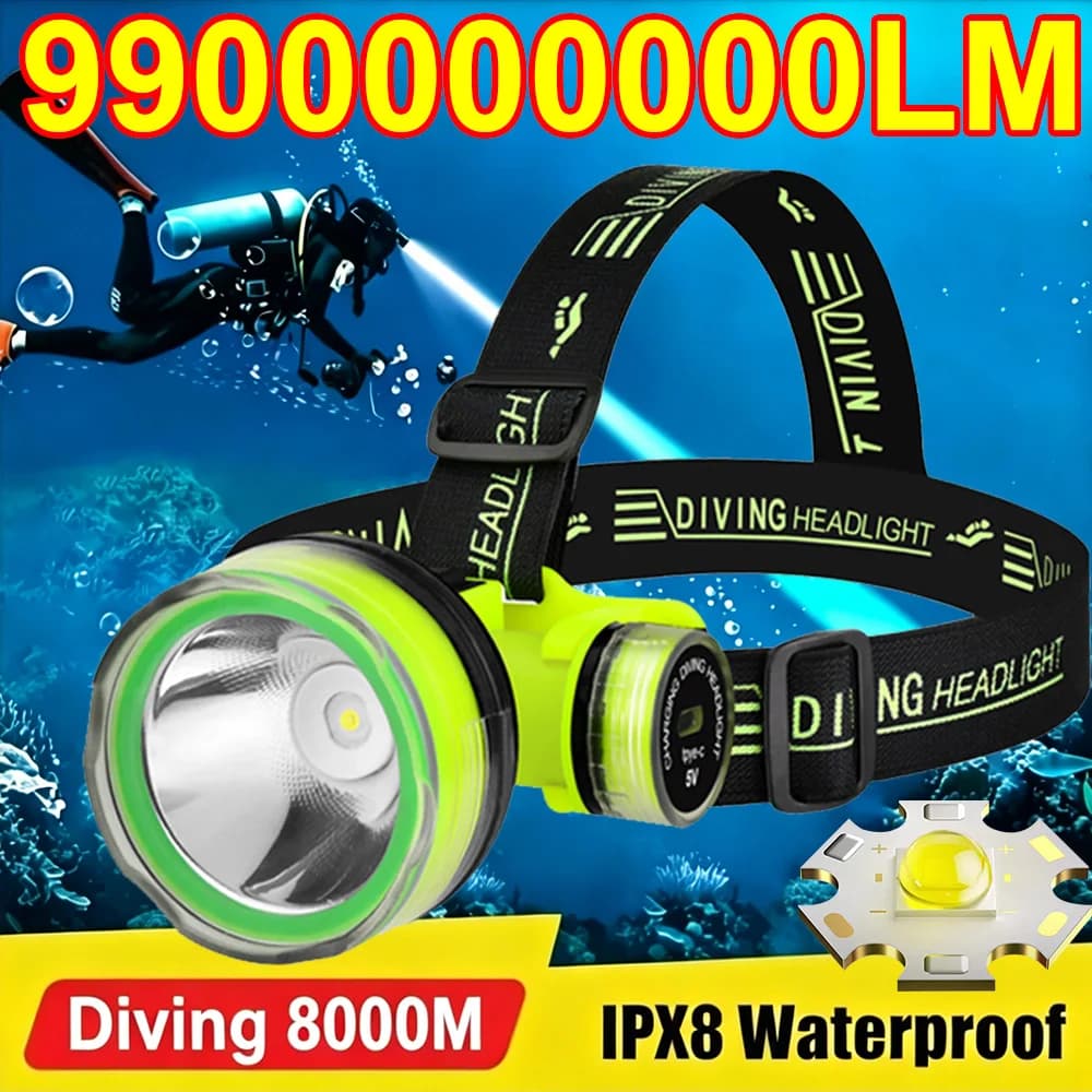 Lampe frontale de plongée professionnelle 2026, 9900000000LM, indice d'étanchéité IPX8, phare LED étanche pour plongée sous-marine, lampe