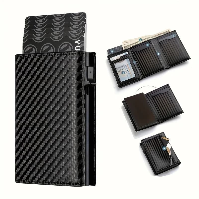 Portefeuille pour hommes avec fermeture éclair, porte-monnaie automatique Pop-up en métal, porte-carte de crédit minimaliste, blocage RFID, idée