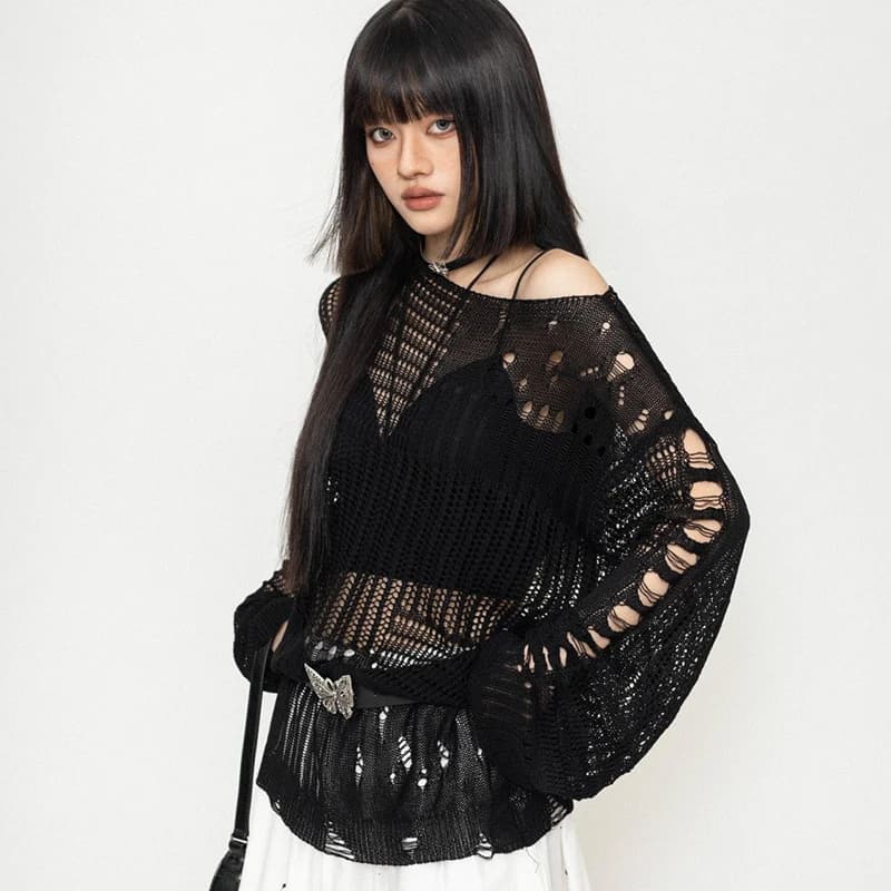 Y2K – pull tricoté ajouré pour femme, pull surdimensionné coréen Harajuku, col Slash, manches longues, protection solaire, été