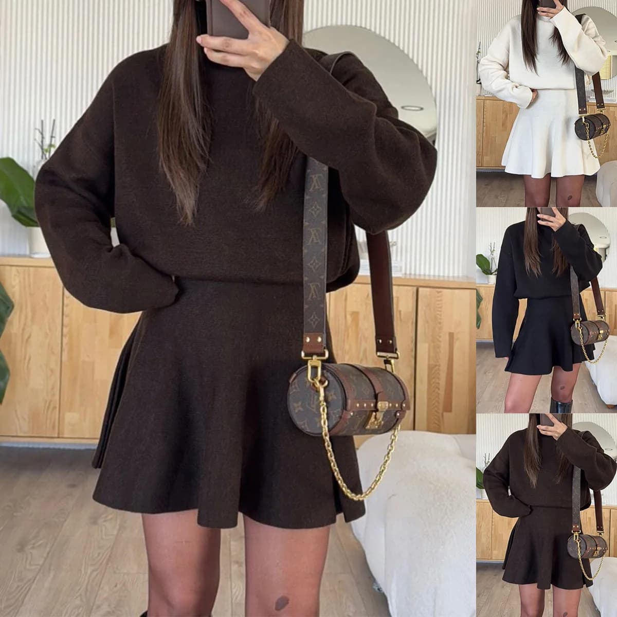 Ensemble de vêtements de Sport tricotés deux pièces pour femmes, hauts à col roulé à manches longues et Mini jupes, à la mode