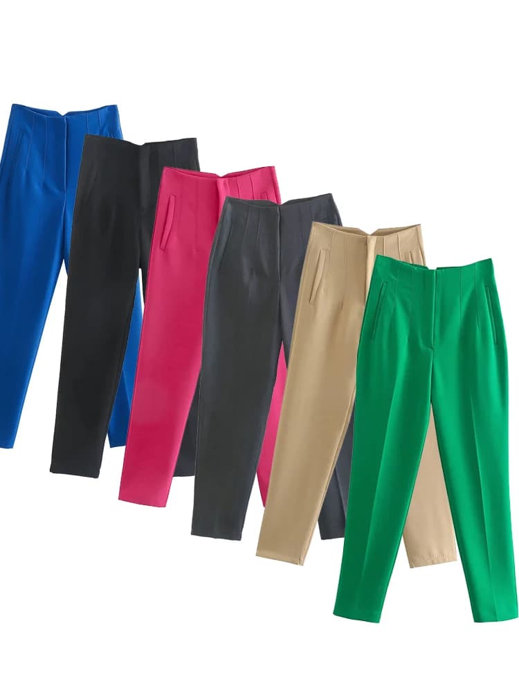 Willshela femmes mode pantalon droit taille haute avant pantalon à glissière Vintage pleine longueur femme Chic dame