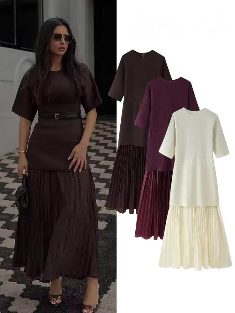 HH femmes élégant demi manches col rond robe plissée printemps femme fermeture éclair arrière épissage Vintage décontracté tricoté longue