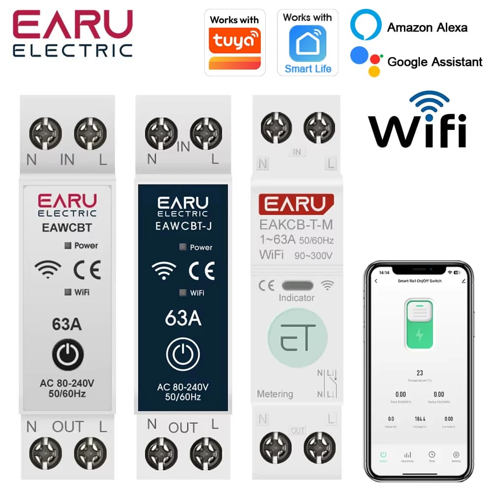 Disjoncteur intelligent WiFi Tuya MCB 1P + N 63A, minuterie d'énergie, kWh, tension, courant, protecteur, commutateur de télécommande vocale