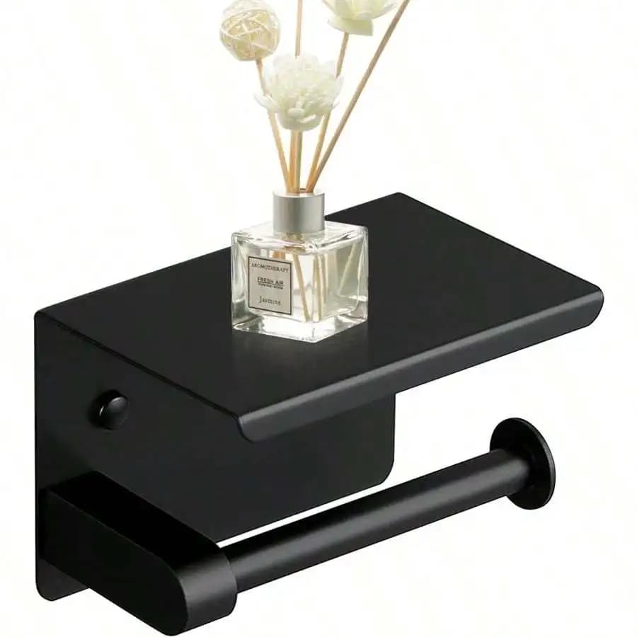 Porte-papier hygiénique porte-rouleau de papier en acier inoxydable avec étagère de forage porte-papier hygiénique support mural (noir)