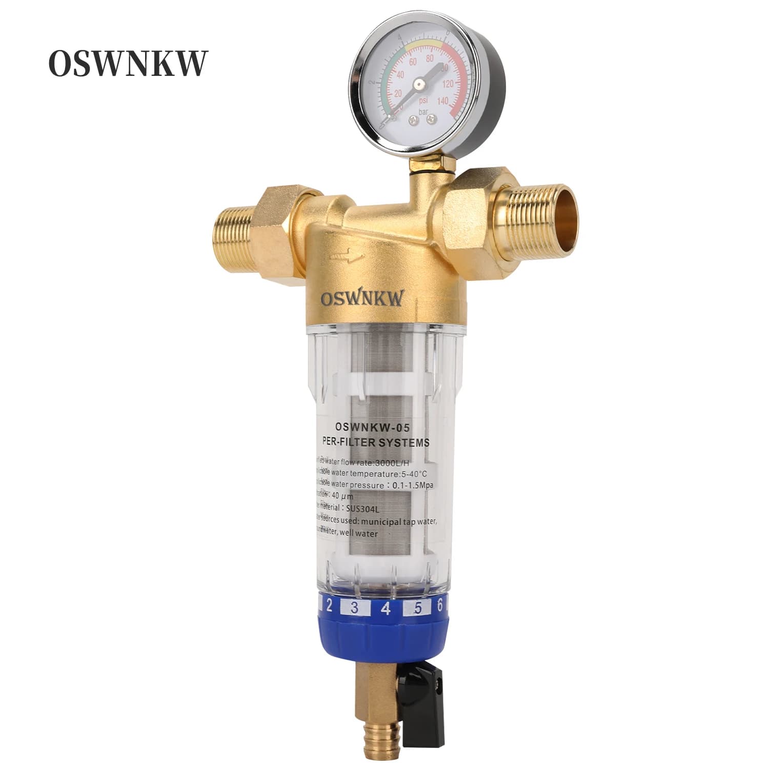 OSWNKW-05 Préfiltre Purificateur Sédimentaire Central pour Toute la Maison avec Retour à Gravité et Filtre à Sédiments en Acier Inoxydable