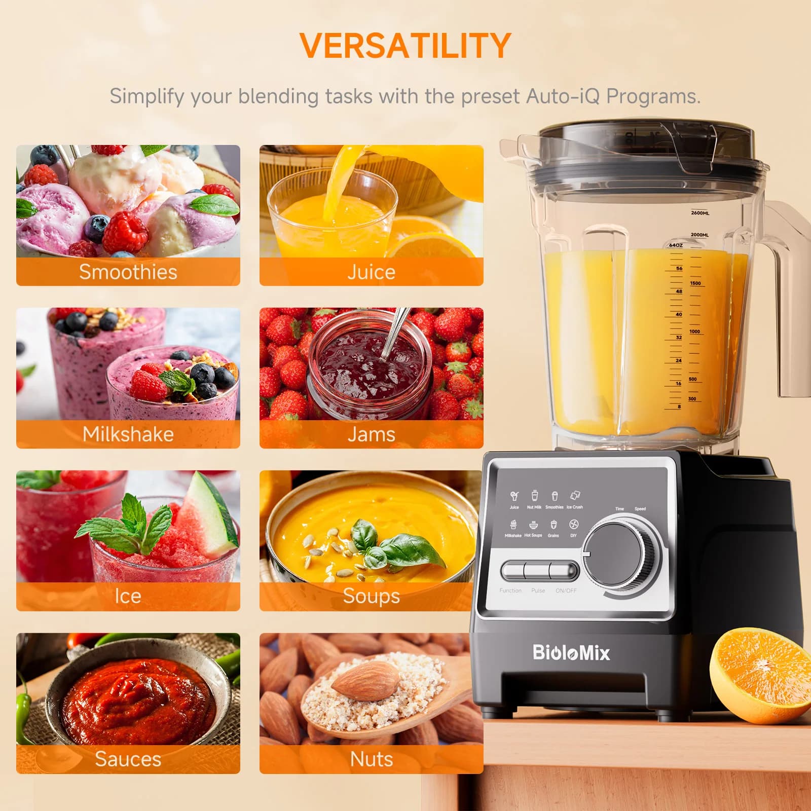 BioloMix Mélangeur professionnel 1500 W avec pot sans BPA de 2,6 L avec 6 lames, 7 programmes prédéfinis pour smoothies, shakes, lait de noix