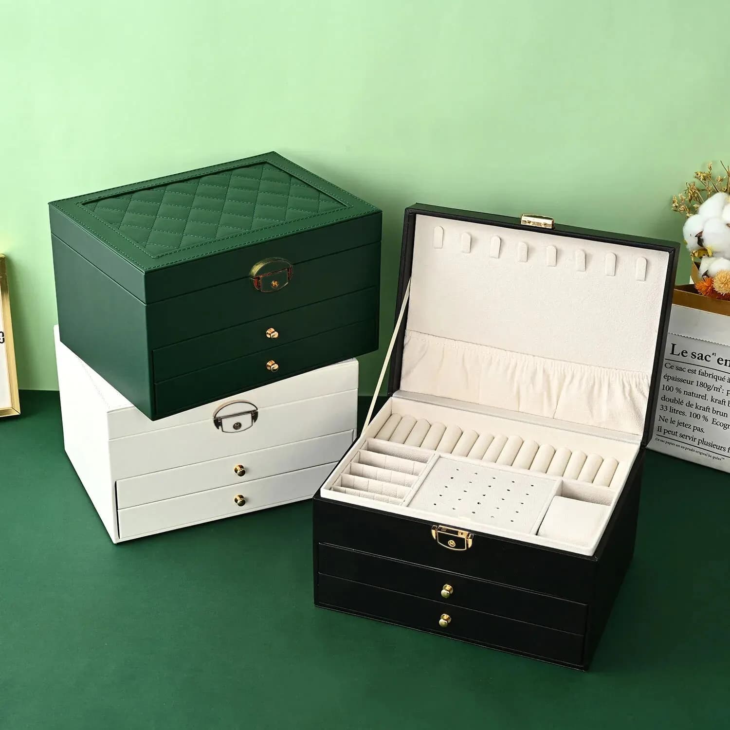 Boîte à bijoux multicouche haut de gamme, Type tiroir, organisateur de rangement de boucles d'oreilles de grande capacité avec finition d'oxydation