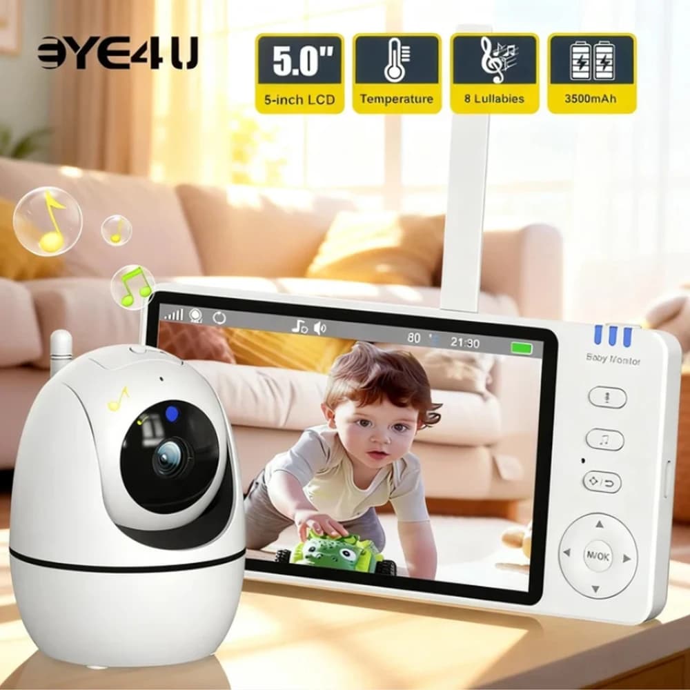 Moniteur vidéo pour bébé de 5 pouces, avec caméra, Zoom PTZ, Protection de sécurité, caméras de Surveillance, capteur de température, berceuse