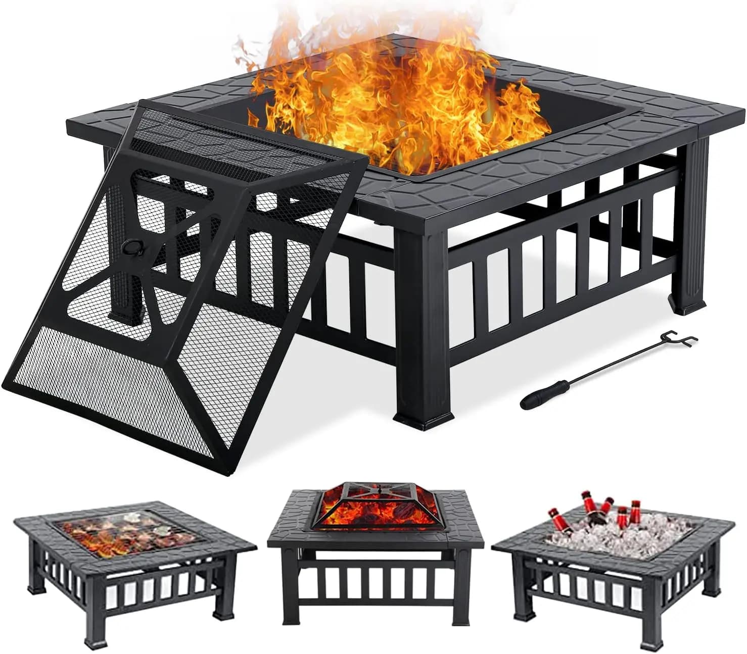 Table de foyer de 32 pouces pour l'extérieur, foyer carré en bois avec écran d'étincelle, Poker de pompiers pour le Camping, l'arrière-cour, le