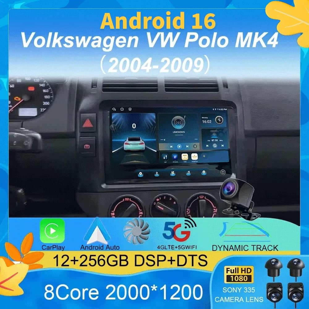 Autoradio Android 16 pour Volkswagen VW Polo MK4 6Q 9N 9N3 2004-2009, lecteur multimédia vidéo GPS Carplay, écran QLED, stéréo