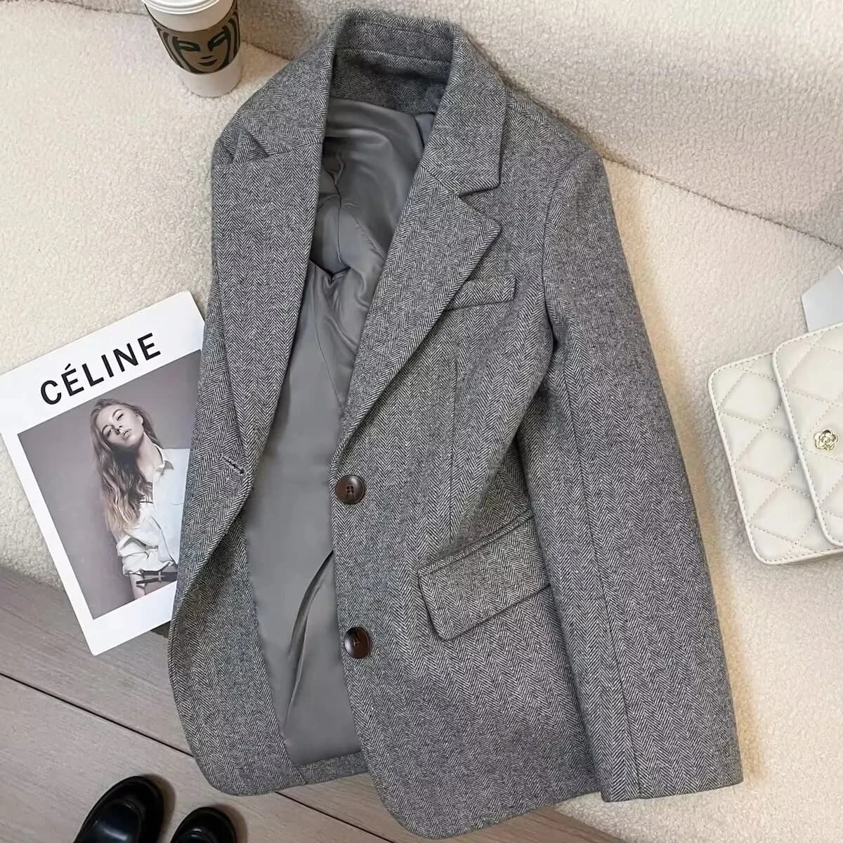 Veste de costume en laine à motif chevron gris pour femme, nouvelle collection automne-hiver 2026, style rétro, décontracté, pour le travail, à