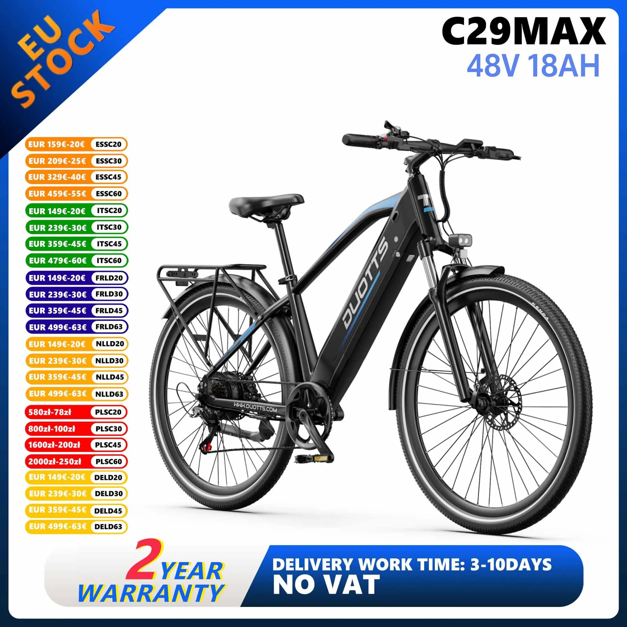 Vélo électrique DUOTTS C29Max, batterie 48V18AH, VTT électrique 29 pouces, freins hydrauliques, écran LCD, vélo électrique de ville