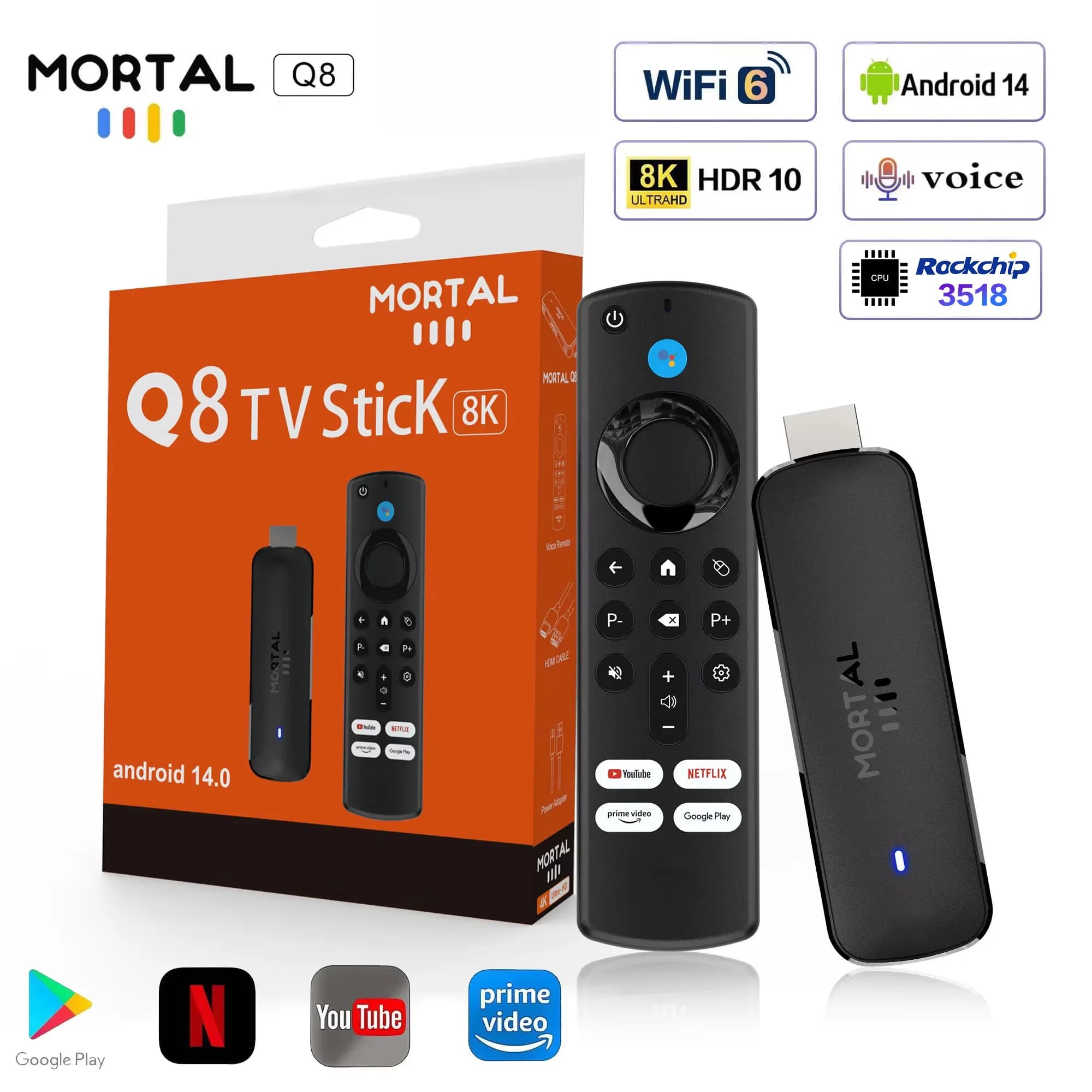 Clé TV Mortal Q8 Android14 WIFI6 Contrôle vocal Clé TV 8K vidéo RK3518 Netflix YouTube TV box Streaming TV en direct gratuit