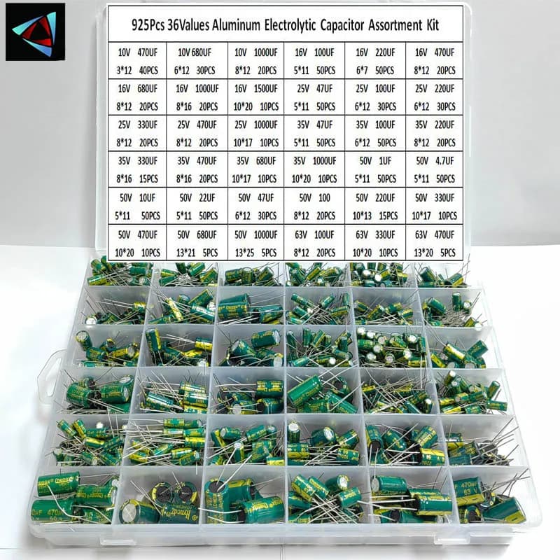 Kit d'assortiment de condensateurs électrolytiques en aluminium, 925 pièces, 36 valeurs, faible ESR 1uF 4.7uF 10uF 22uF 47uF 100uF 220uF 330uF 470uF