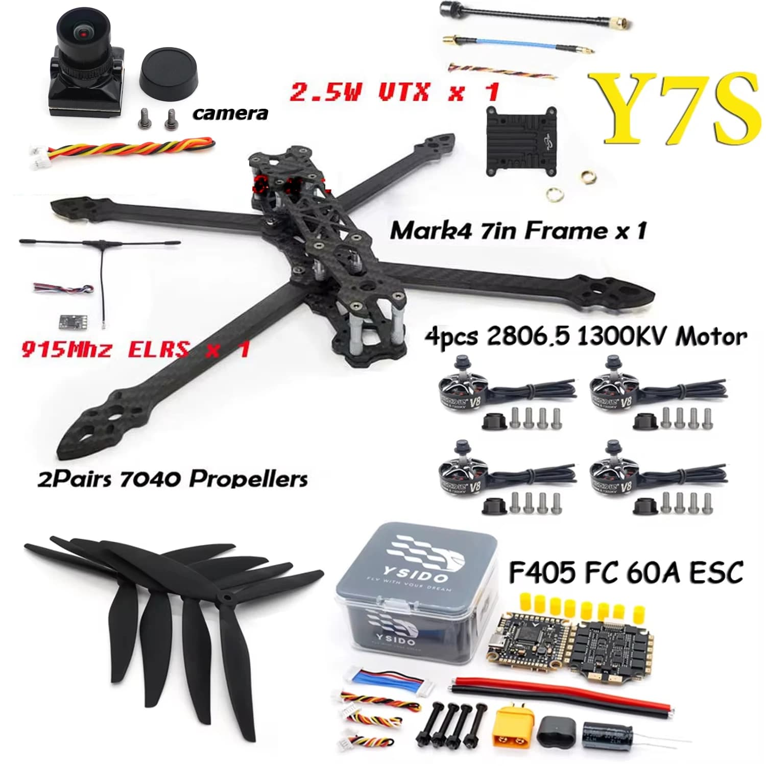MARK4 7in Kit de cadre F405 FC 60A ESC pile 2806.5 moteur sans brosse 7040 hélice 2.5W VTX caméra ELRS pour Drone longue portée FPV 7 "