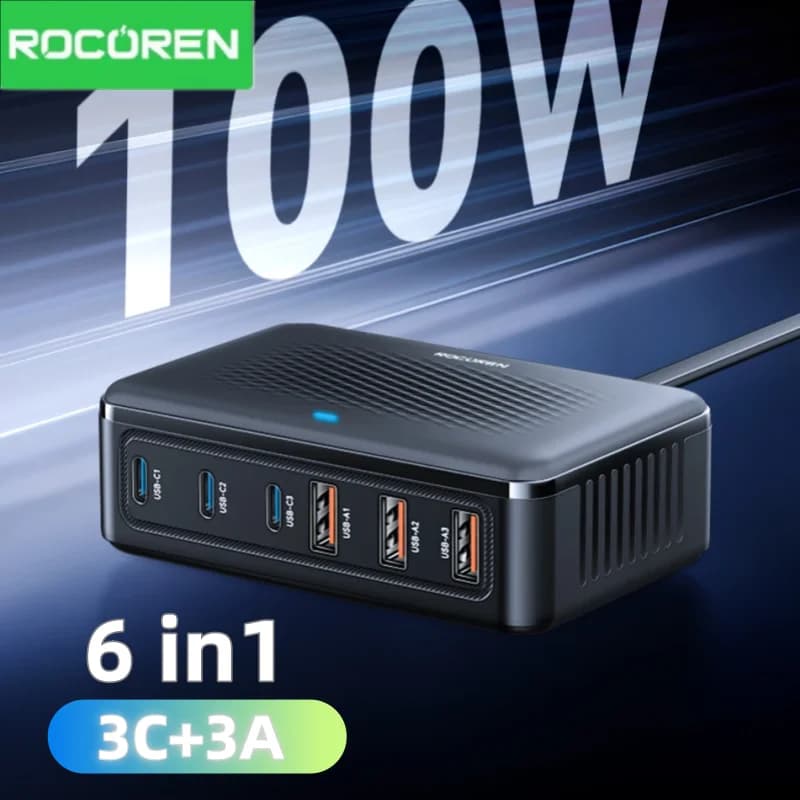 Rocoren chargeur USB 100W GaN chargeur 6 ports bureau charge rapide Type C chargeur centrale électrique Portable pour iPhone Xiaomi POCO