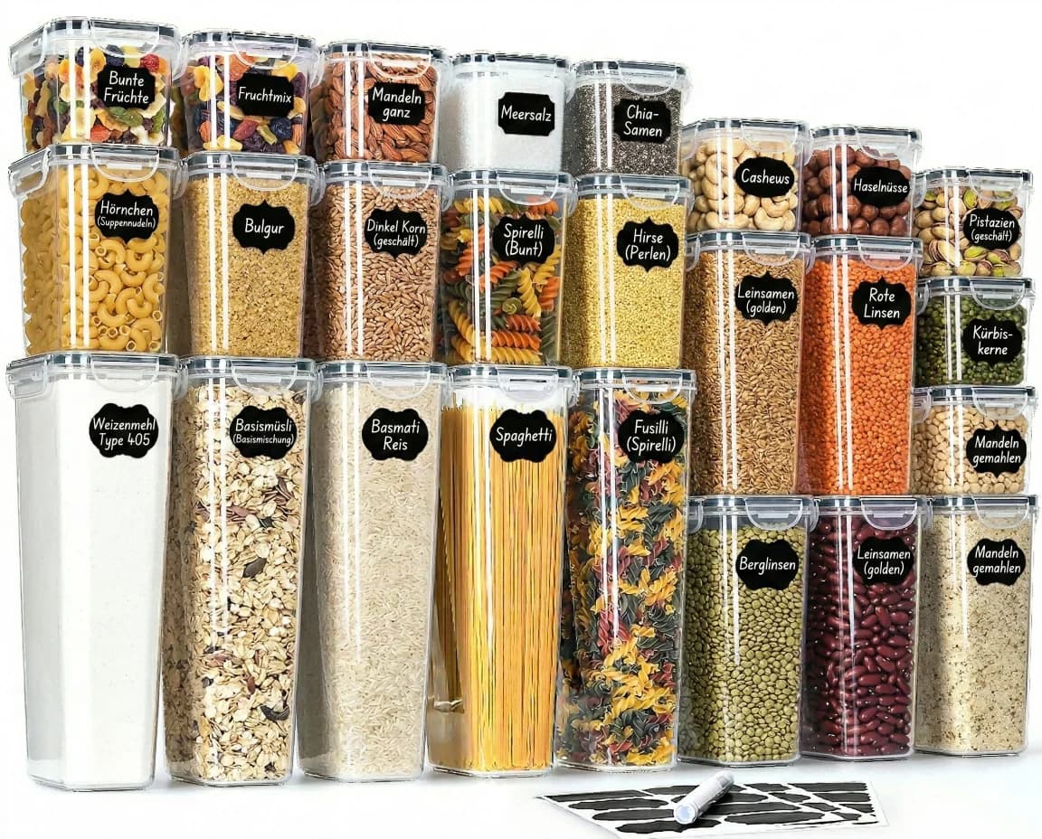 Boîtes de Conservation Hermétiques avec Couvercles Lot de 25 – Rangements Cuisine Sans BPA pour Farine, Céréales, Sucre, Spaghetti & Pâtes,